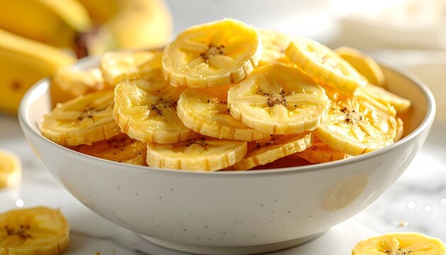 Rodajas de pl&aacute;tano deshidratado en cuenco blanco sobre mesa clara en composici&oacute;n saludable y natural