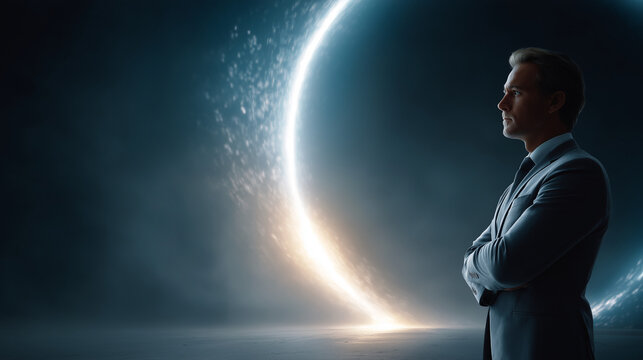 Visionary Silhouette: A composed person with a suit stands confidently against an ethereal backdrop of glowing lights, the very picture of determination and foresight.