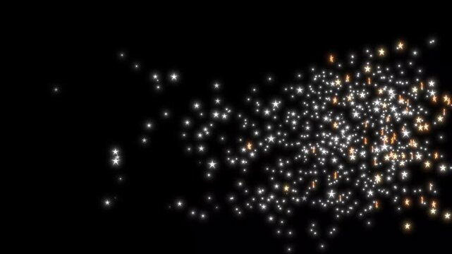 Shining glitter white star fountain trail bursting from left to right on black background, starry twinkling magic sparkles overlay loop