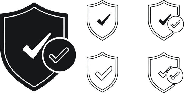Collection of shield icons with check marks symbolizing security protection approval check mark safety first security protection guarantee