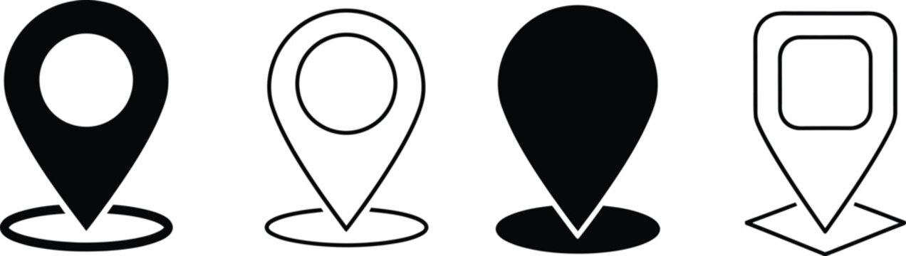 Set of four location pin icons in various styles indicating place and navigation location marker pin up location navigation destination resource