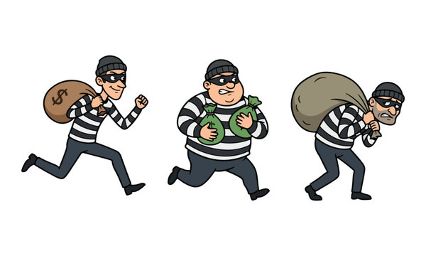 Cartoon thieves running with money bags isolated on white
