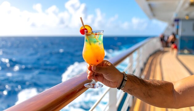 C&oacute;ctel tropical servido junto a la barandilla de un crucero con vistas al mar en un d&iacute;a soleado de vacaciones