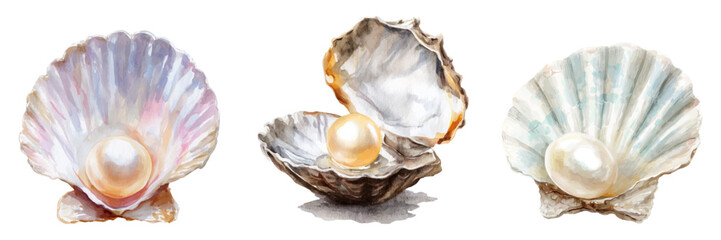 Pearls resting in different mollusk shells, depicting precious ocean treasure, luxury, wealth, marine beauty, and a discovery of natural elegance and iridescent gemstones © Mari