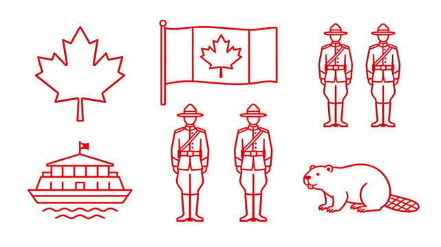Collection of Canadian cultural icons including a maple leaf, flag, Mounties, a ferry, and a beaver.