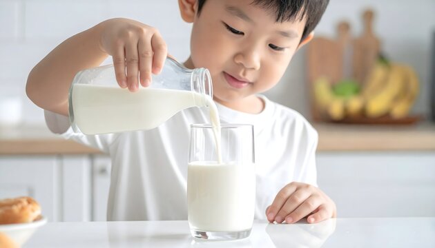Ni&ntilde;o sirviendo leche en un vaso en una cocina luminosa durante una rutina de desayuno saludable