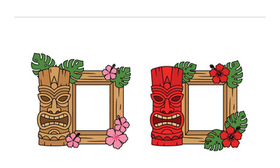 Tiki Mask Wooden Picture Frames with Tropical Flowers and Leaves © Basecamp