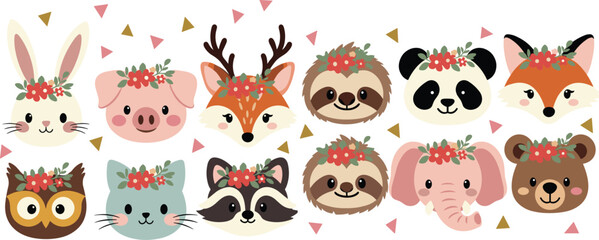 Naklejka premium Cute Woodland and Safari Animal Avatar Set with Floral Crowns for Nursery Decor, Baby Shower Invitations, Birthday Parties, and Children Graphic Designs