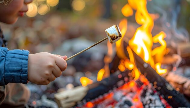 Persona tostando una nube de az&uacute;car en una hoguera de camping al aire libre con luz c&aacute;lida y ambiente acogedor