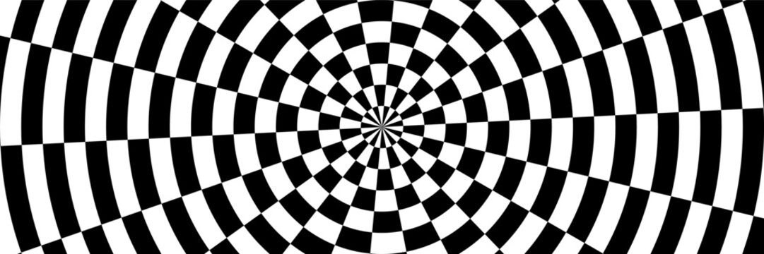 Concentric psychedelic bg with checkerboard pattern and optical illusion. Black and white simple abstract vector illustration