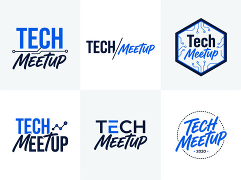 Tech meetup logo typography set with geometric sans serif and script font on white background, digital event brand