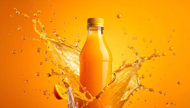 Botella amarilla de zumo o bebida refrescante con salpicadura sobre fondo amarillo en composici&oacute;n publicitaria