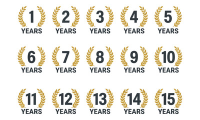 Fototapeta premium Anniversary badges set with gold laurel wreaths from 1 to 15 years