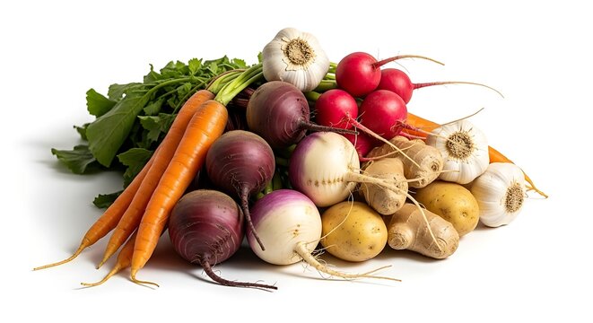 Freshly harvested root vegetables and greens