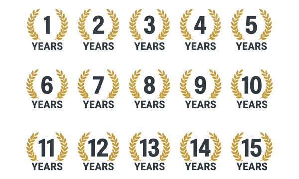 Anniversary badges set with gold laurel wreaths from 1 to 15 years