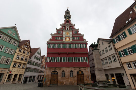 The historical Altes Rathaus (Old Town Hall) with its Renaissance facade and astronomical clock in the market square of Esslingen am Neckar
