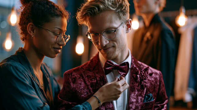 Young designer fitting velvet tuxedo onto fashion model in atelier under dramatic cinematic lighting, couture elegance