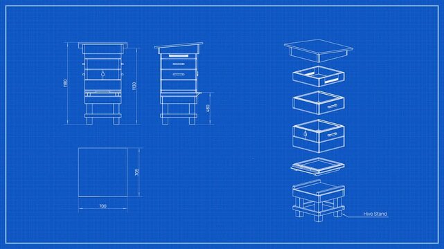 Widescreen 16:9 blueprint animation of a beehive with front and side dimension views alongside exploded labeled components: outer cover, inner cover, honey super, hive body, solid floor and stand.