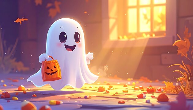 Happy cartoon ghost holding candy bag.