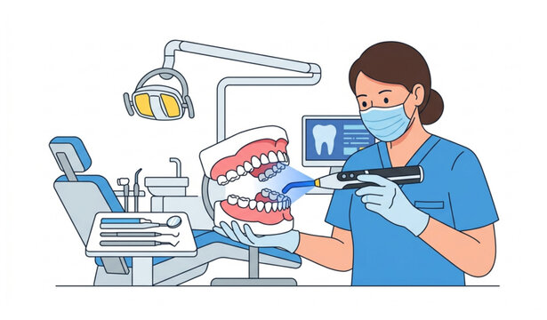 Dental polymerization UV lamp and jaw model vector illustration