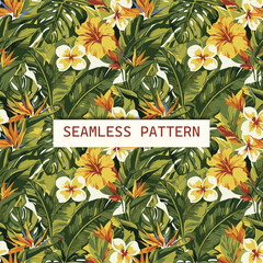 Tropical Leaves and Flowers Seamless Pattern background texture © Anupriya Dodiyar
