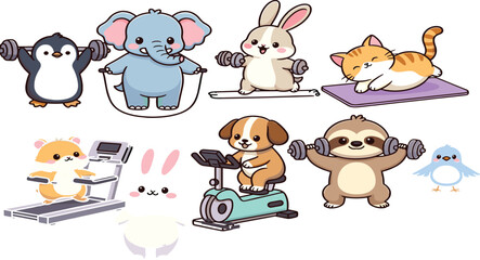 Fototapeta premium Cute Animal Fitness Exercise Set with Penguin Elephant Bunny Cat Dog Sloth and Gym Workout Illustration Design