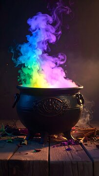 Magical cauldron with rainbow smoke.