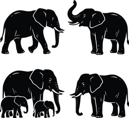 Elephant Silhouette Collection with Walking Family and Standing Poses © Nila