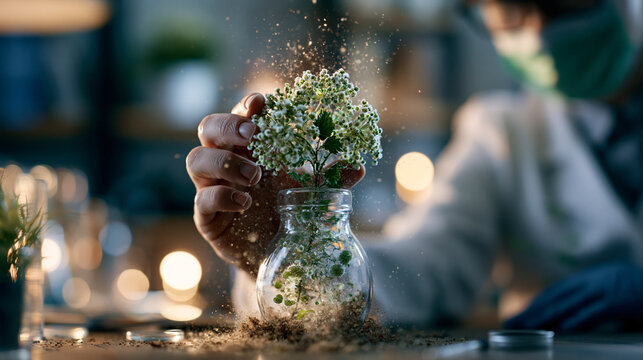 Laboratory researcher examining a hidden micro ecosystem inside house dust under surreal scientific wonder in a lab setting