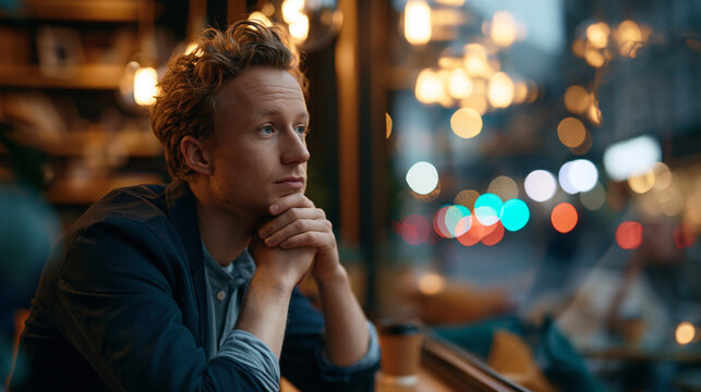 Young entrepreneur alone in a tiny coffee shop realizing a life changing deal, emotional cinematic portrait with city lights reflection in the window at night