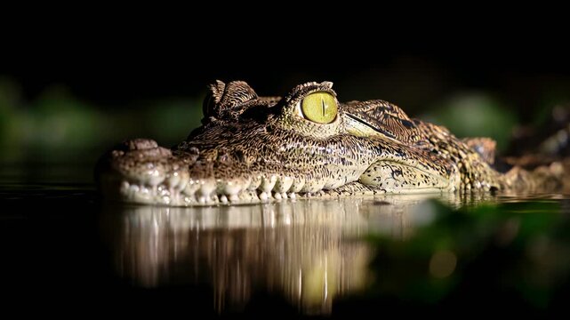 Crocodile drifts slowly in water at night under dim light Generative AI