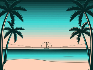 Obraz premium Retro Minimalist Tropical Beach Sunset Illustration with Palm Tree Silhouettes and Sailboat at Sea