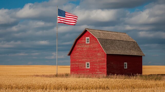American flag and red barn in wheat field for Independence Day celebration