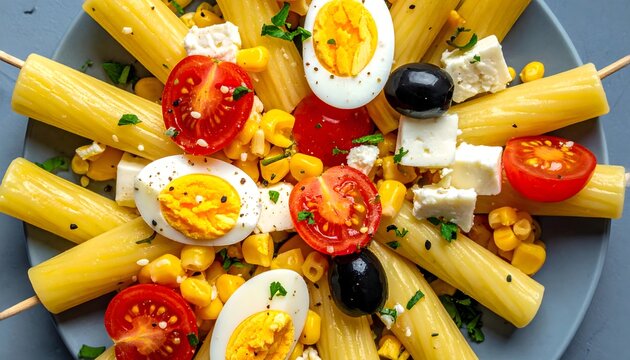 Ensalada de pasta con huevo cocido, tomates cherry, aceitunas y queso en plato azul vista desde arriba
