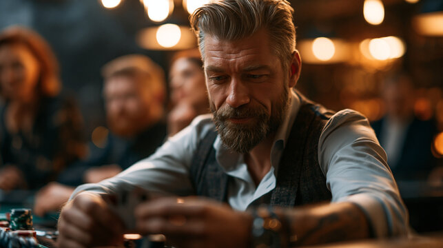 Gambler revealing perfect cards as players freeze in disbelief in a smoky underground casino with dramatic lighting