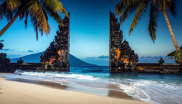 Ancient Balinese Temple Gate on a Tropical Beach with Ocean Waves Indonesia architecture