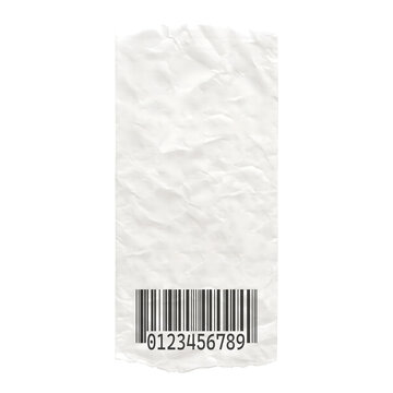 A single piece of crumpled white paper featuring a black barcode at the bottom with the numerical sequence zero one two three four five six seven eight nine on a white background