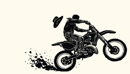 Dynamic motocross rider jumping dirt bike with cowboy hat in high contrast stencil illustration © 777SKYLABS