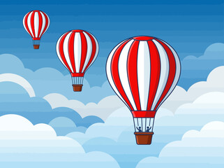 Obraz premium Red and White Striped Hot Air Balloons Flying in Blue Sky with Clouds Vector Illustration