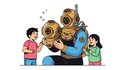 Oceanic Adventure: An explorer stands with a classic diving helmet, sparking the imagination of two young onlookers, inviting them into a world of underwater exploration.  © Abdul