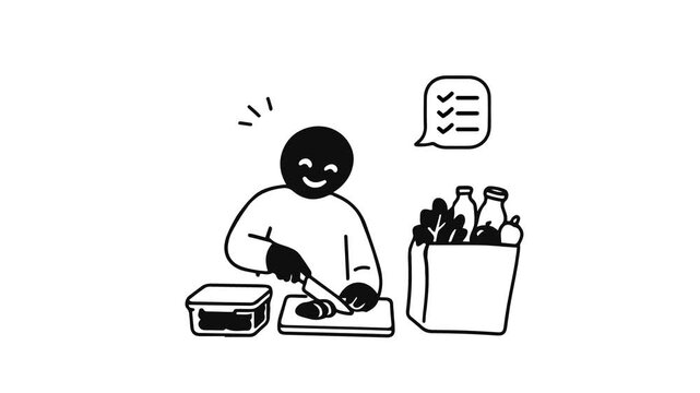 Animated stick figure chopping vegetables on a cutting board for meal prep next to a grocery bag and checklist icon. Minimalist black and white doodle animation for healthy cooking and diet planning.