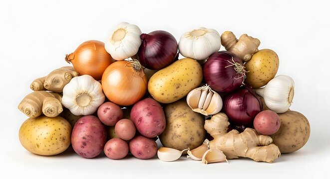 Variety of fresh onions potatoes garlic and ginger
