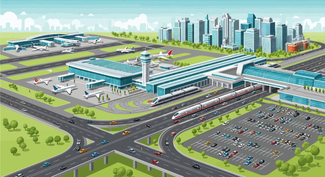 Modern International Airport Terminal Infrastructure with City Skyline.