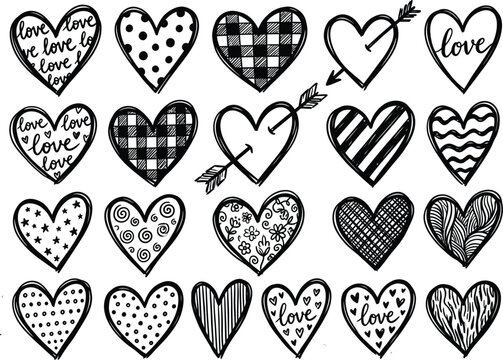 Hand-Drawn Doodle Heart Collection, Love Symbols, Patterns, and Arrows, Romantic Black and White Vector Clipart Set