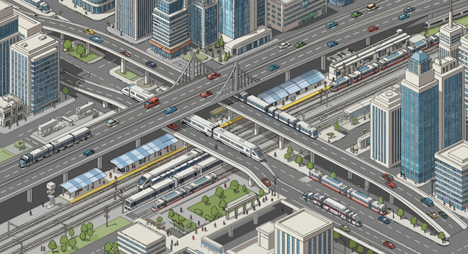 Isometric view of a modern urban city transport interchange with multi-level highways and railway tracks.