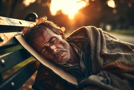Homeless man sleeping on bench at sunrise, golden hour morning light, peaceful yet somber mood, city urban background, blanket and belongings, dignified and respectful representation
