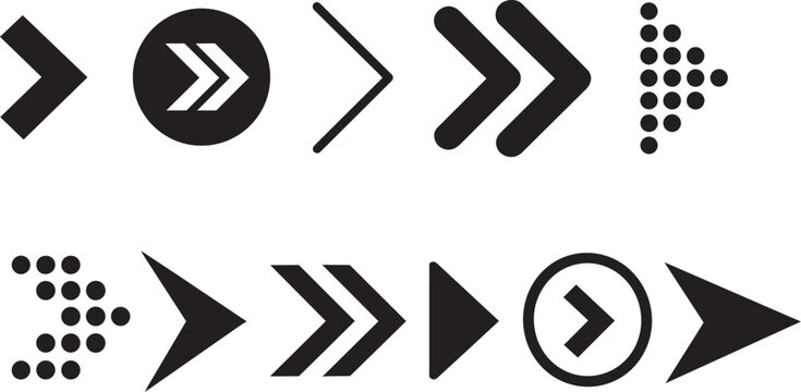 Collection of diverse arrow icons including simple pointers double arrows and dotted designs for navigation and direction isolated on white