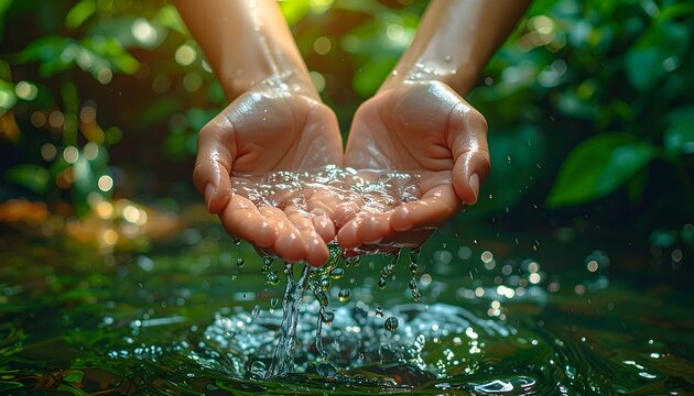 Manos recogiendo agua limpia en un entorno natural verde como concepto de sostenibilidad y cuidado ambiental