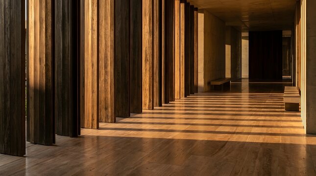 Modern architectural corridor with vertical wooden louvers filtering warm golden hour sunlight and shadows
