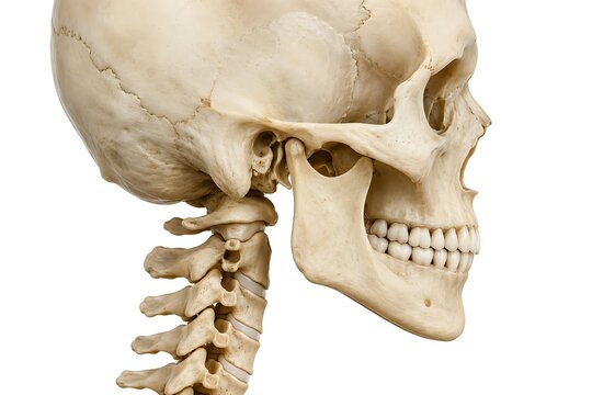 Human skull anatomy profile view with cervical spine vertebrae isolated on white background, 3D illustration